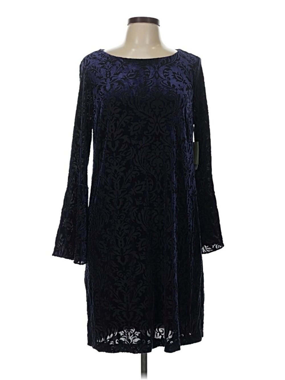 NWT Beige by ECI Navy Black Damask Burnout Velvet Bell Sleeve Cocktail Dress L